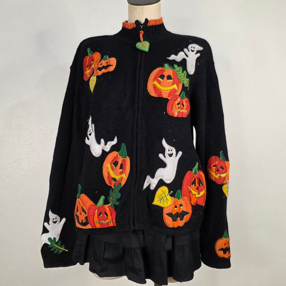 Vintage Halloween Pumpkin Ghost Cardigan Sweater Black Appliqué Sequin Zip Up XL